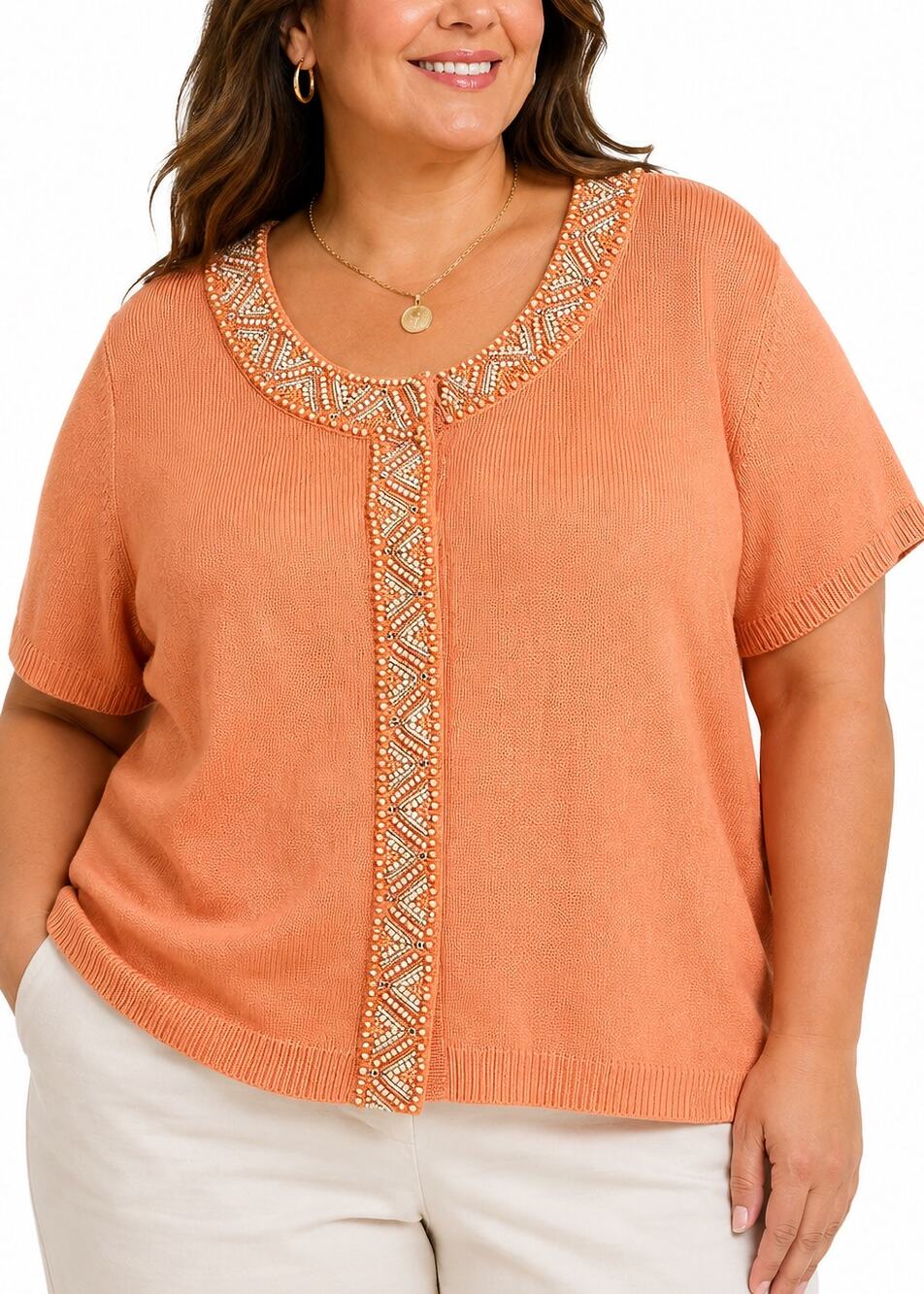 Isaac Mizrahi Beaded Cotton Cardigan Sweater Coral 3X Short Sleeve NWT